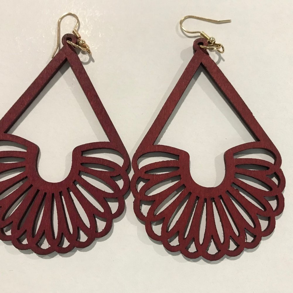 LazerCut Wooden Earrings. Burgundy Stained with Gold Fish Hook Backs.
